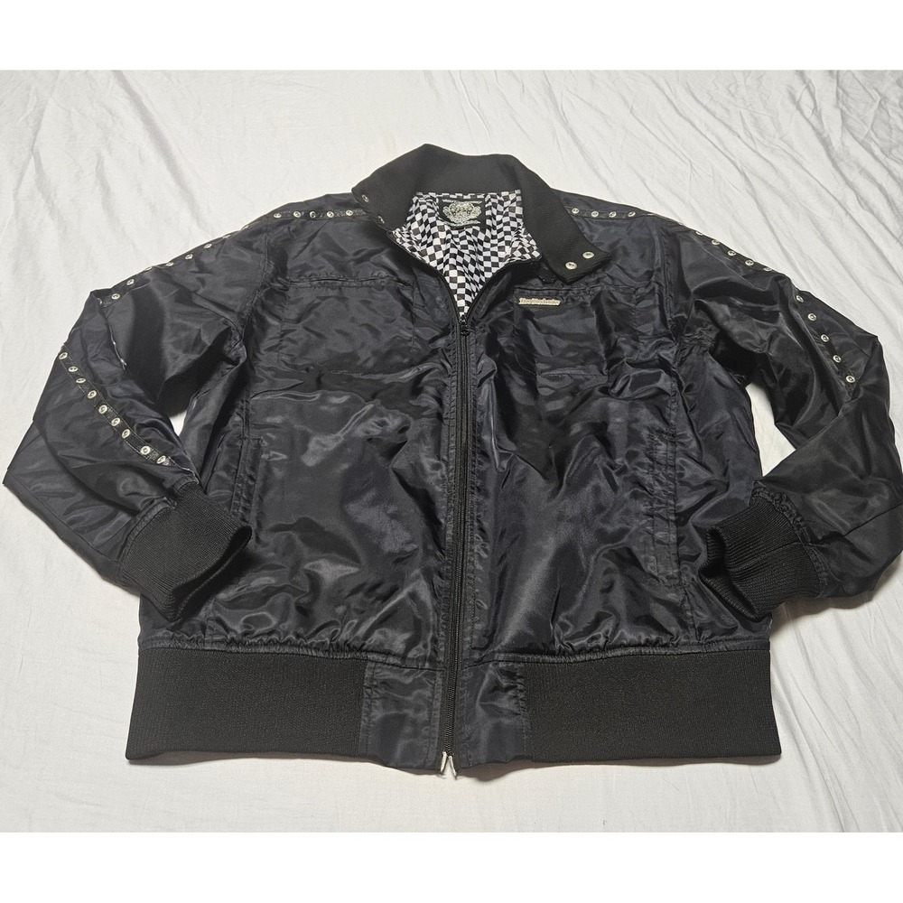 Live Mechanics Bomber Jacket Mens 2XL Black Grommet Studded Y2K Streetwear Satin